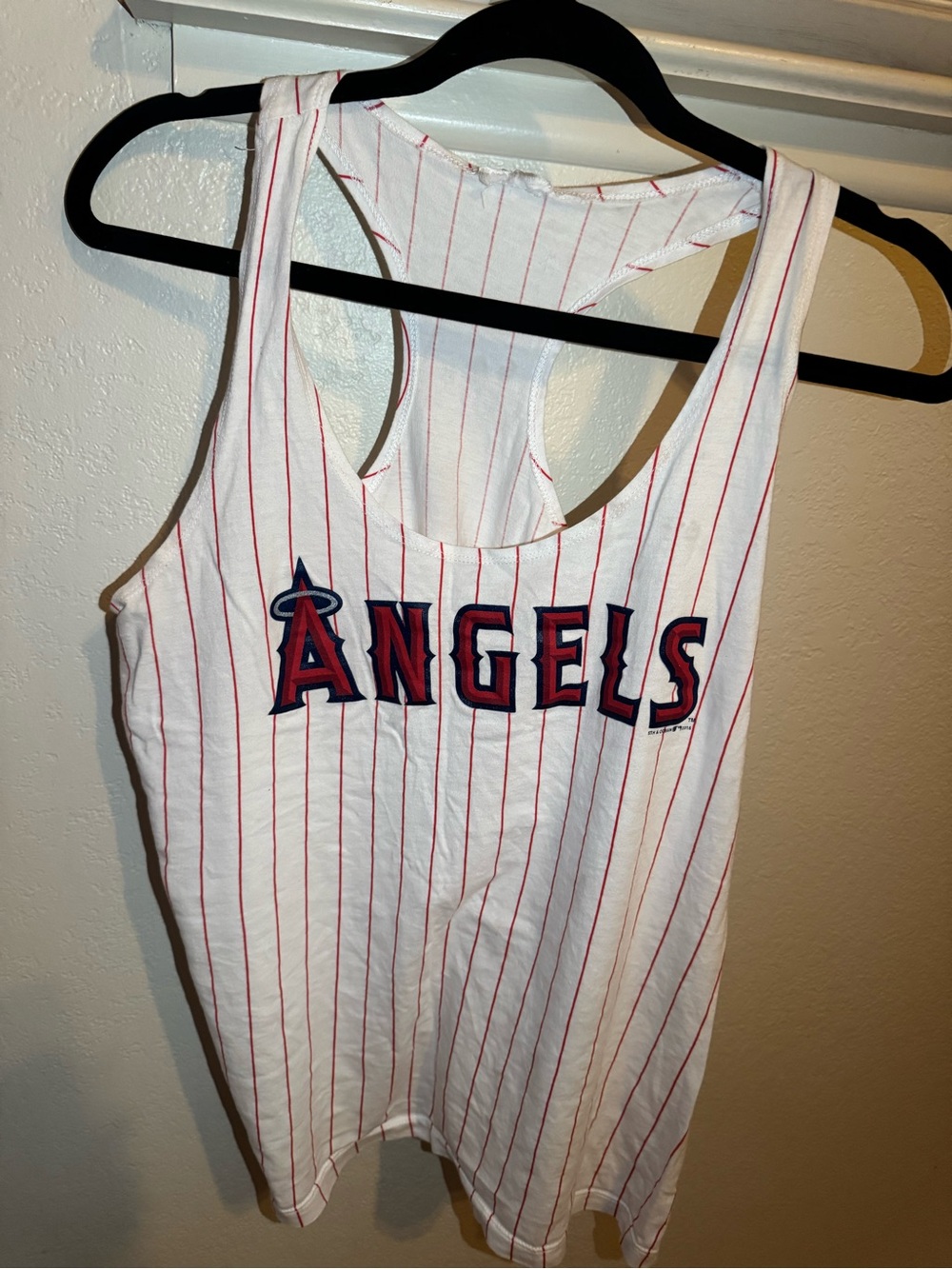 MLB Angels White Tank Top with Red Pinstripes and Navy Logo